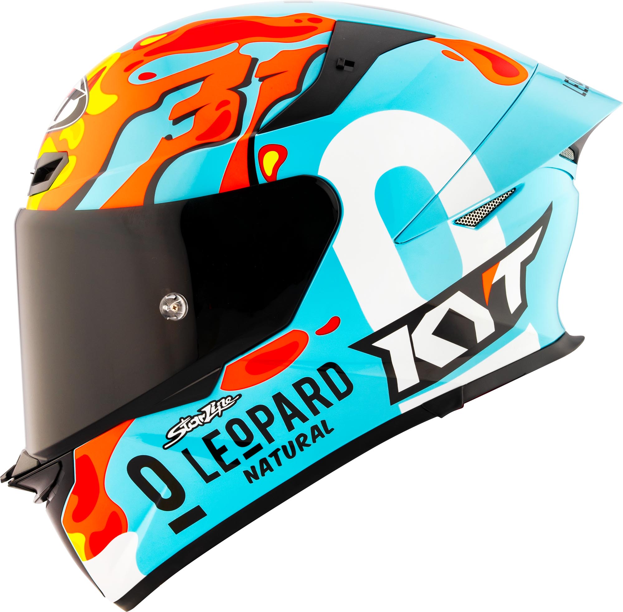 Side view of KYT TT-Revo Leopard Replica Aragon Helmet, Size M for Men