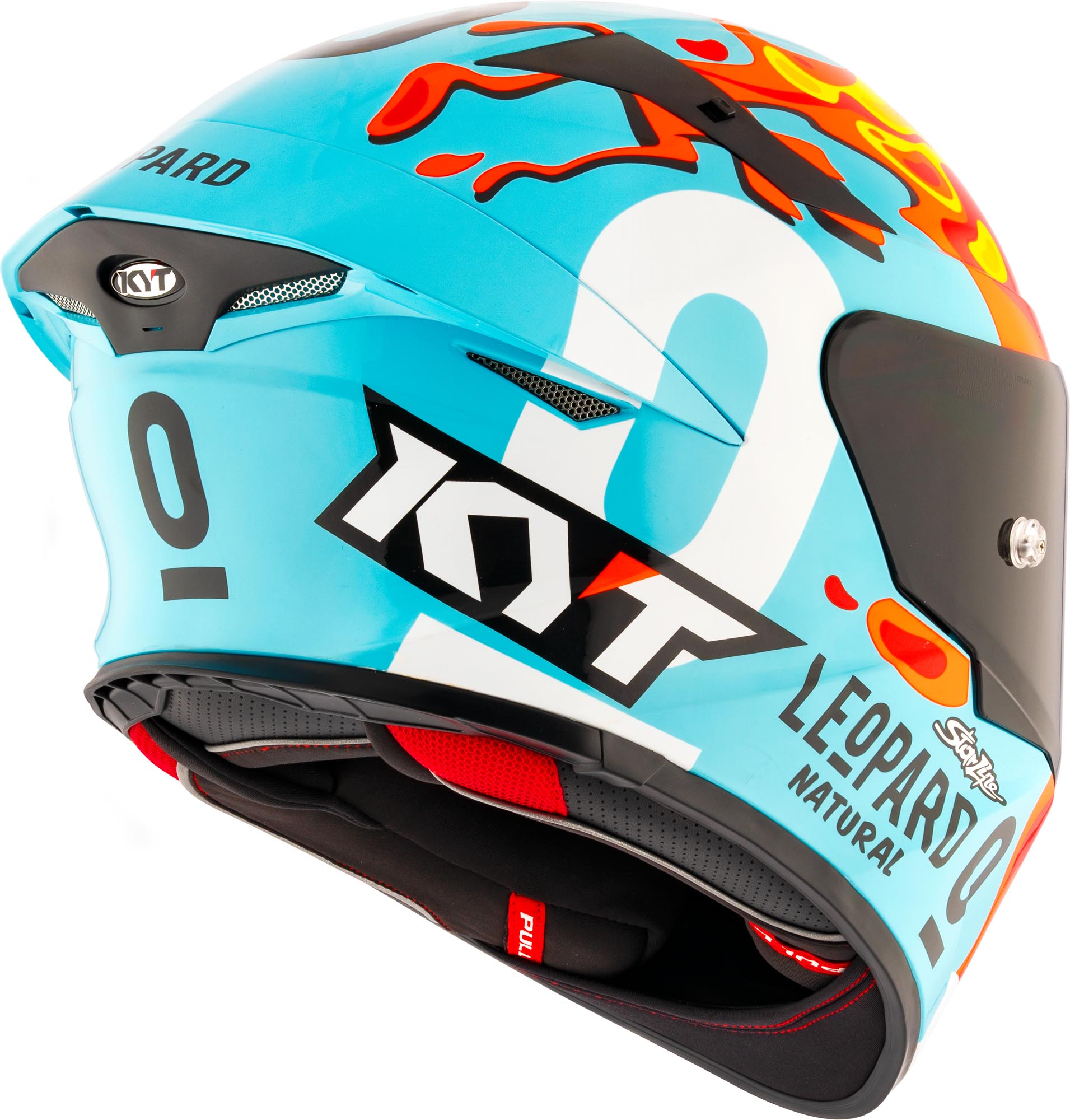 Side view of KYT TT-Revo Leopard Replica Aragon Helmet, Size M for Men