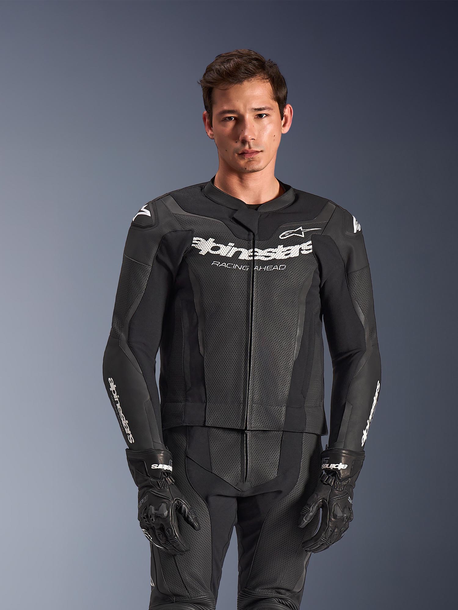 Side view of Alpinestars GP Force V2 Two Piece Motorcycle Leather Suit, black, Size 50 for Men