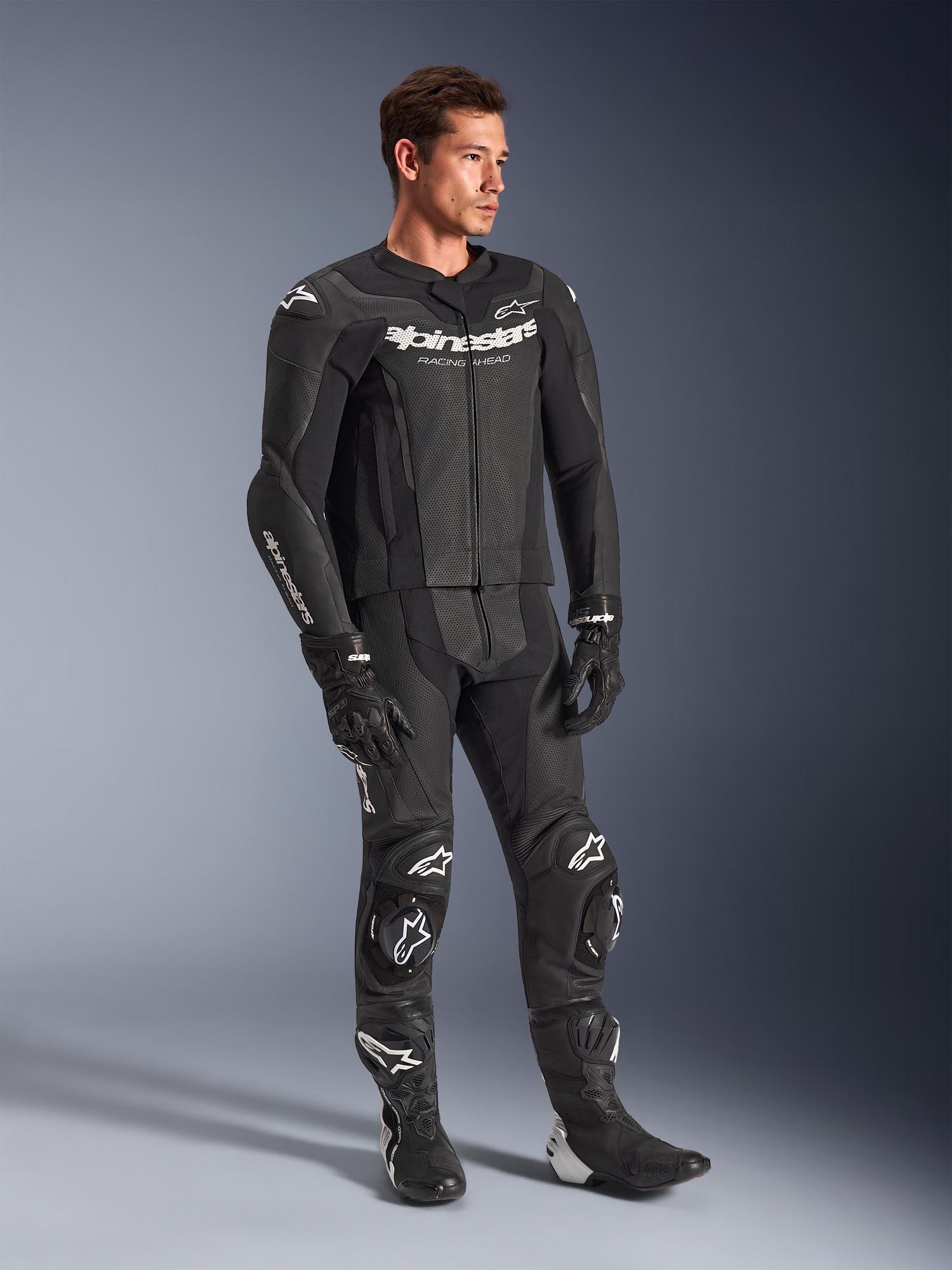 Side view of Alpinestars GP Force V2 Two Piece Motorcycle Leather Suit, black, Size 50 for Men
