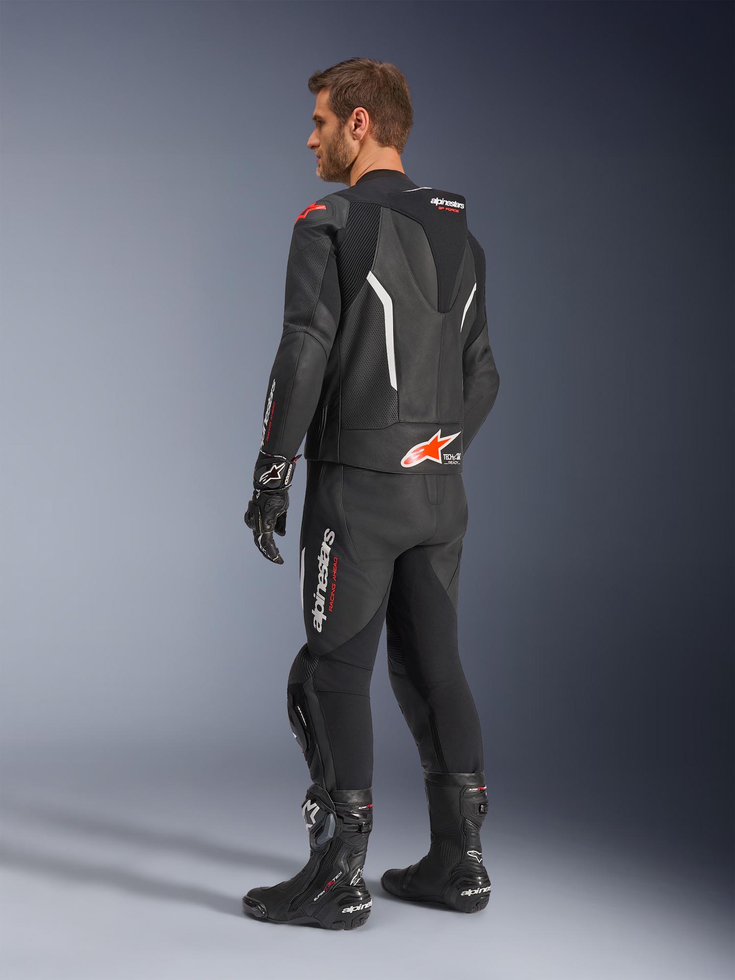 Side view of Alpinestars GP Force V2 Two Piece Motorcycle Leather Suit, black-white-red, Size 48 for Men