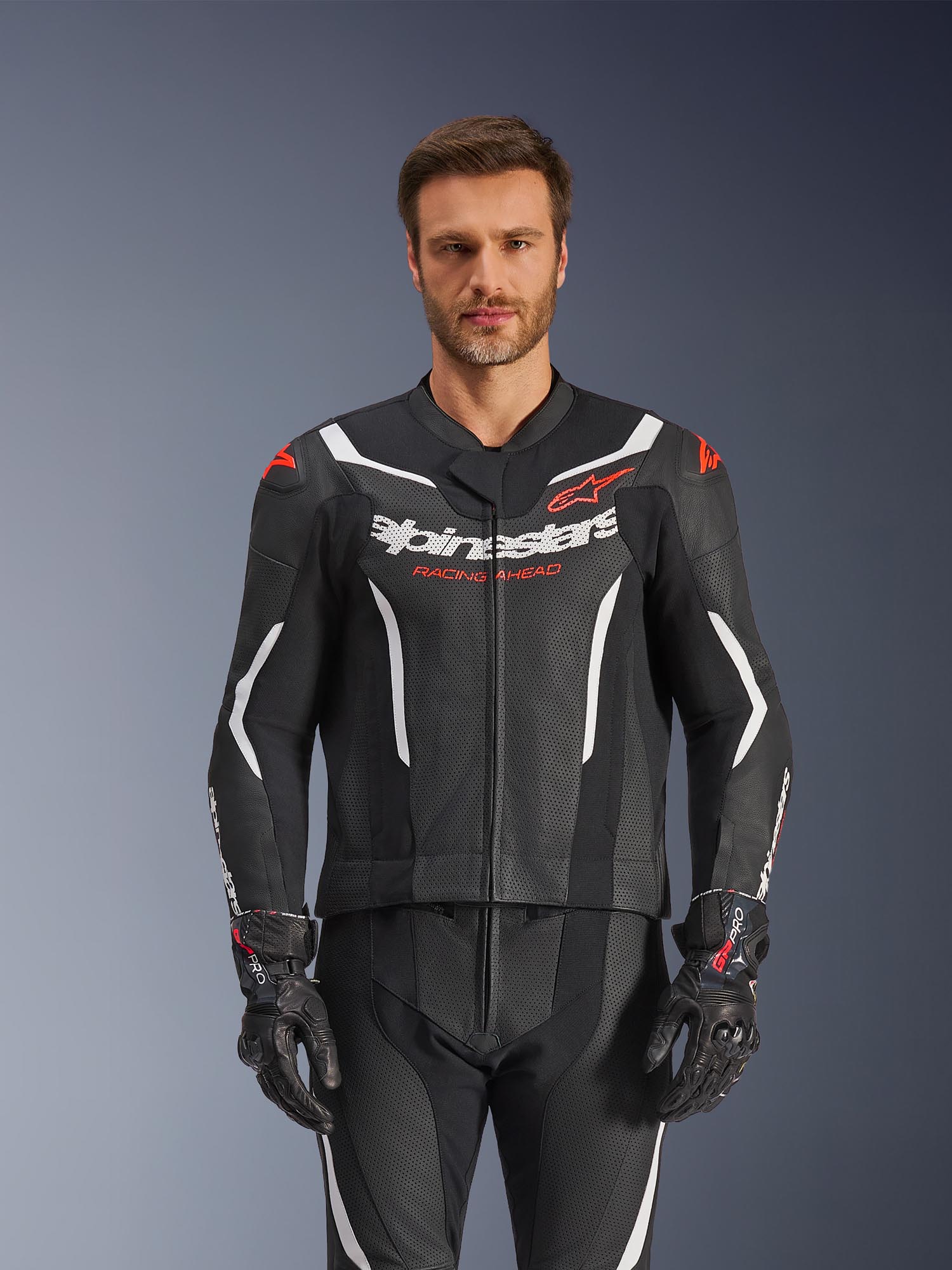 Side view of Alpinestars GP Force V2 Two Piece Motorcycle Leather Suit, black-white-red, Size 48 for Men