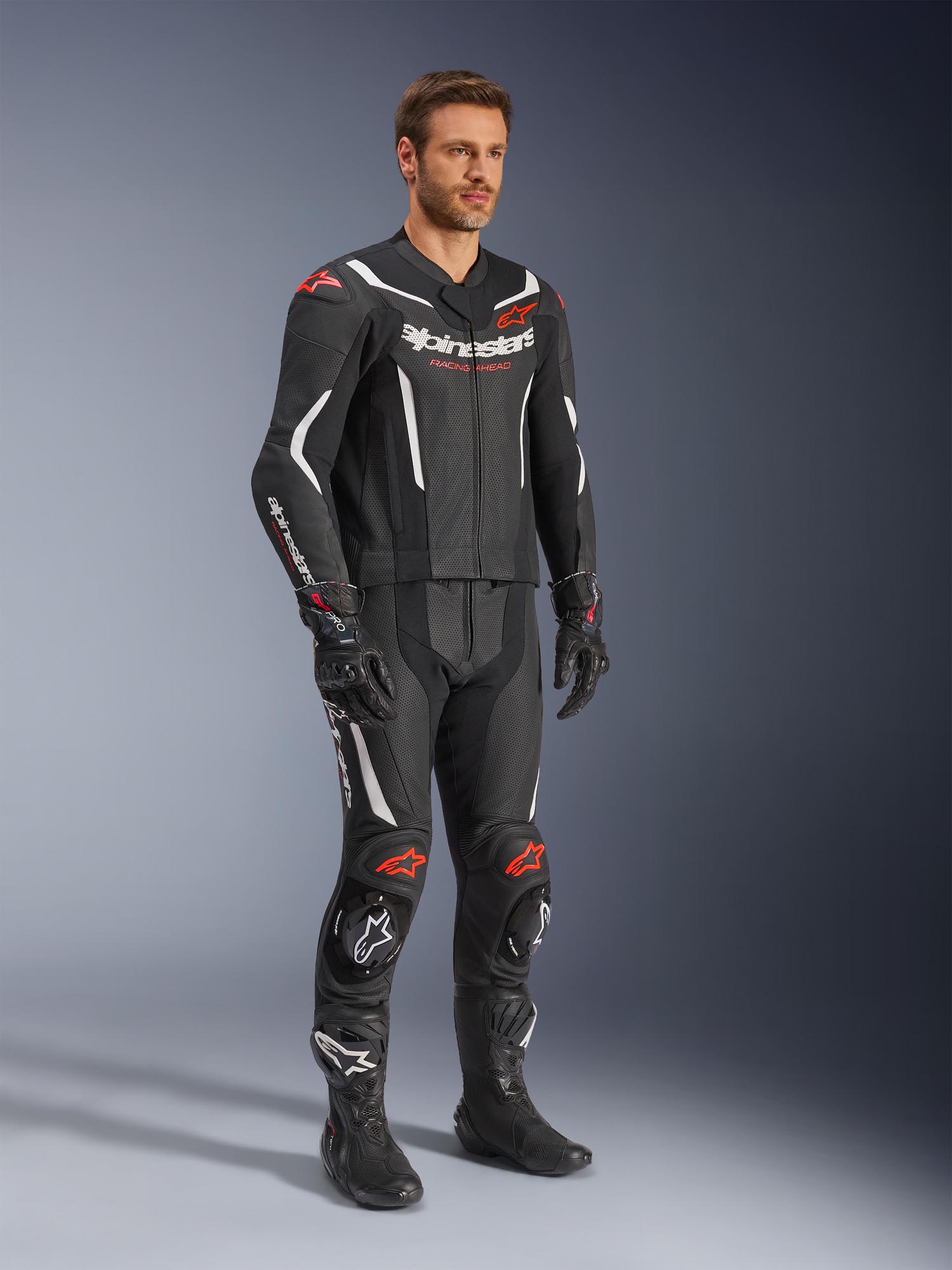 Side view of Alpinestars GP Force V2 Two Piece Motorcycle Leather Suit, black-white-red, Size 48 for Men