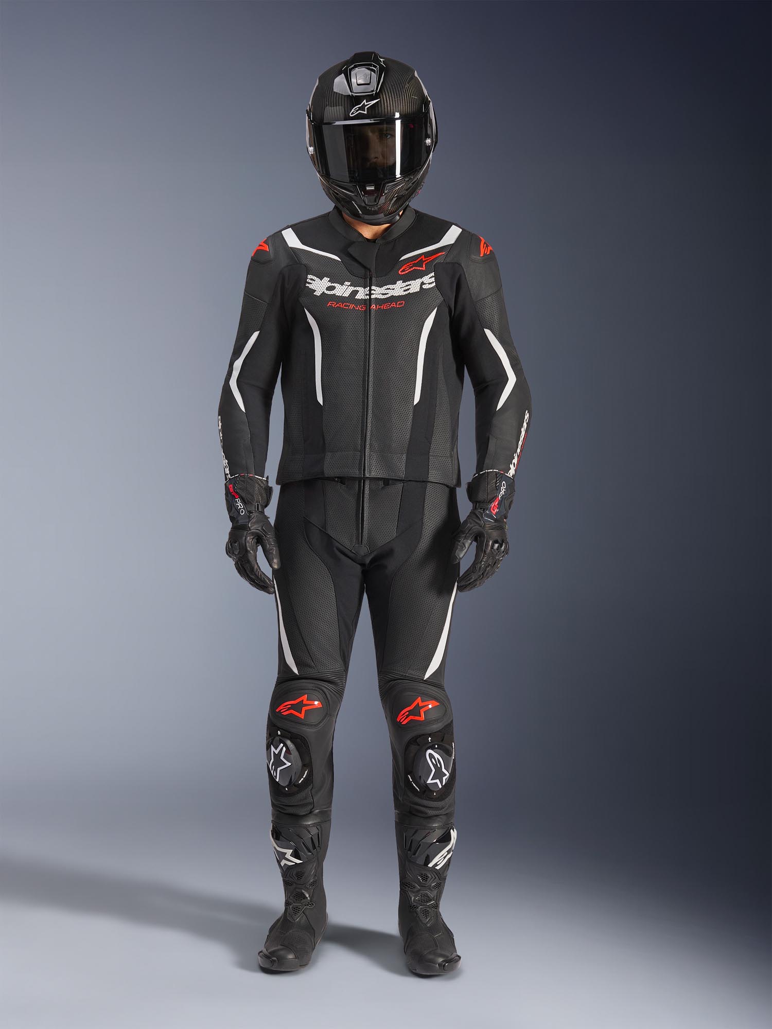 Side view of Alpinestars GP Force V2 Two Piece Motorcycle Leather Suit, black-white-red, Size 48 for Men