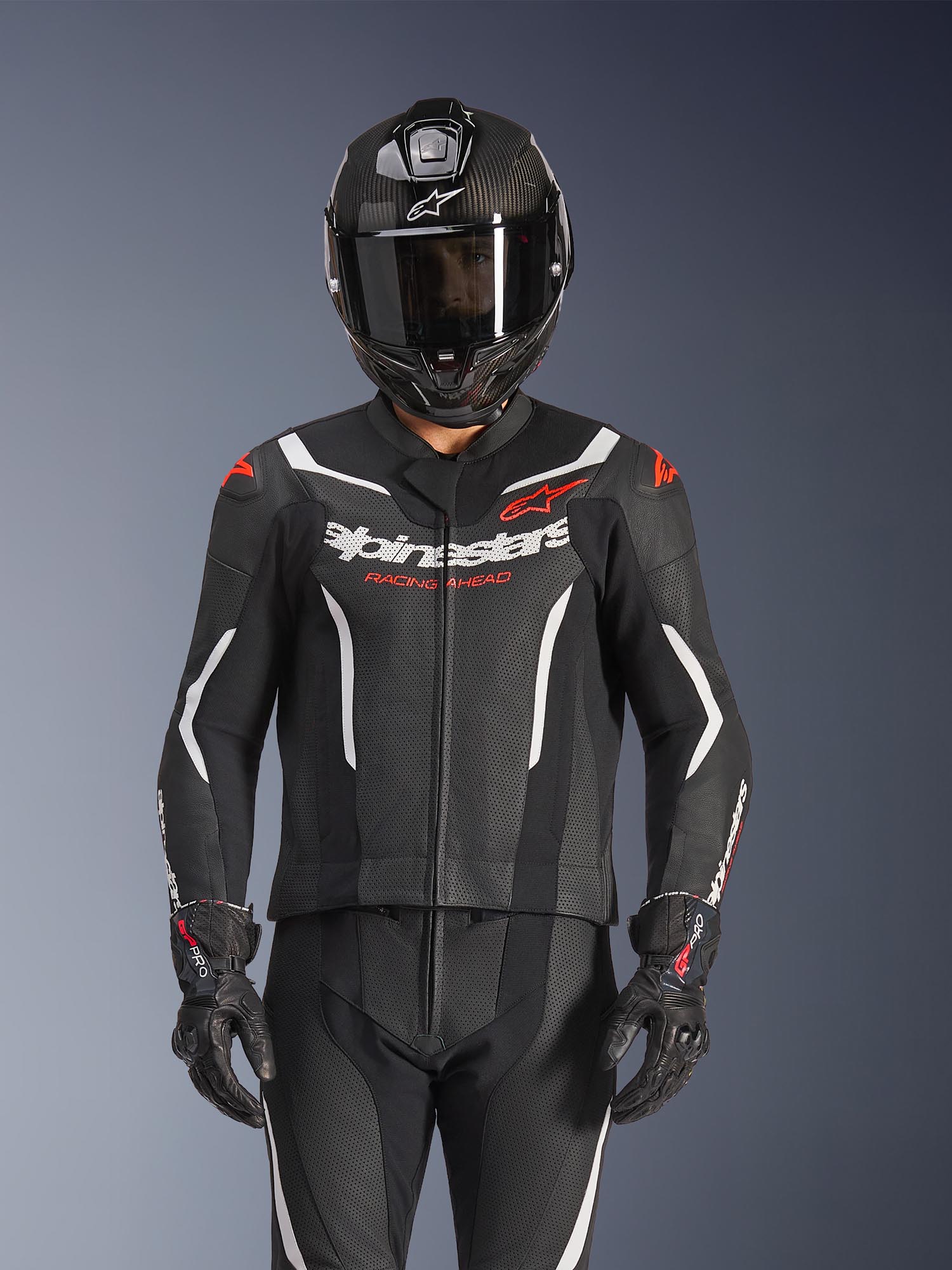 Side view of Alpinestars GP Force V2 Two Piece Motorcycle Leather Suit, black-white-red, Size 48 for Men