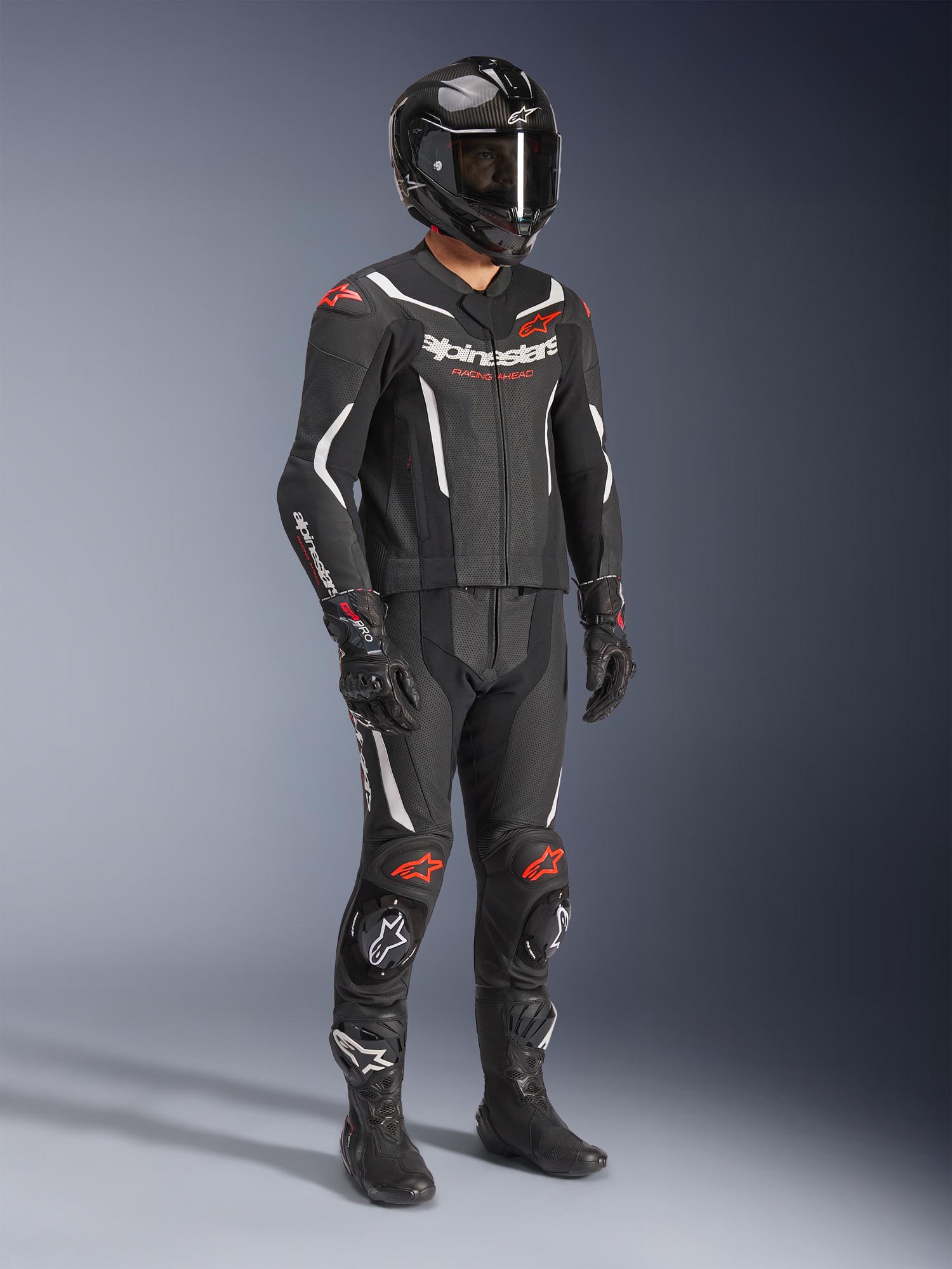 Side view of Alpinestars GP Force V2 Two Piece Motorcycle Leather Suit, black-white-red, Size 48 for Men