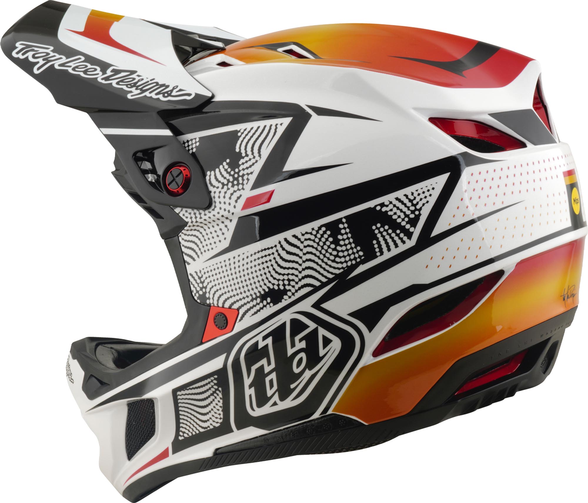 Side view of Troy Lee Designs D4 Composite MIPS Lined Up Downhill Helmet, red, Size XL for Men
