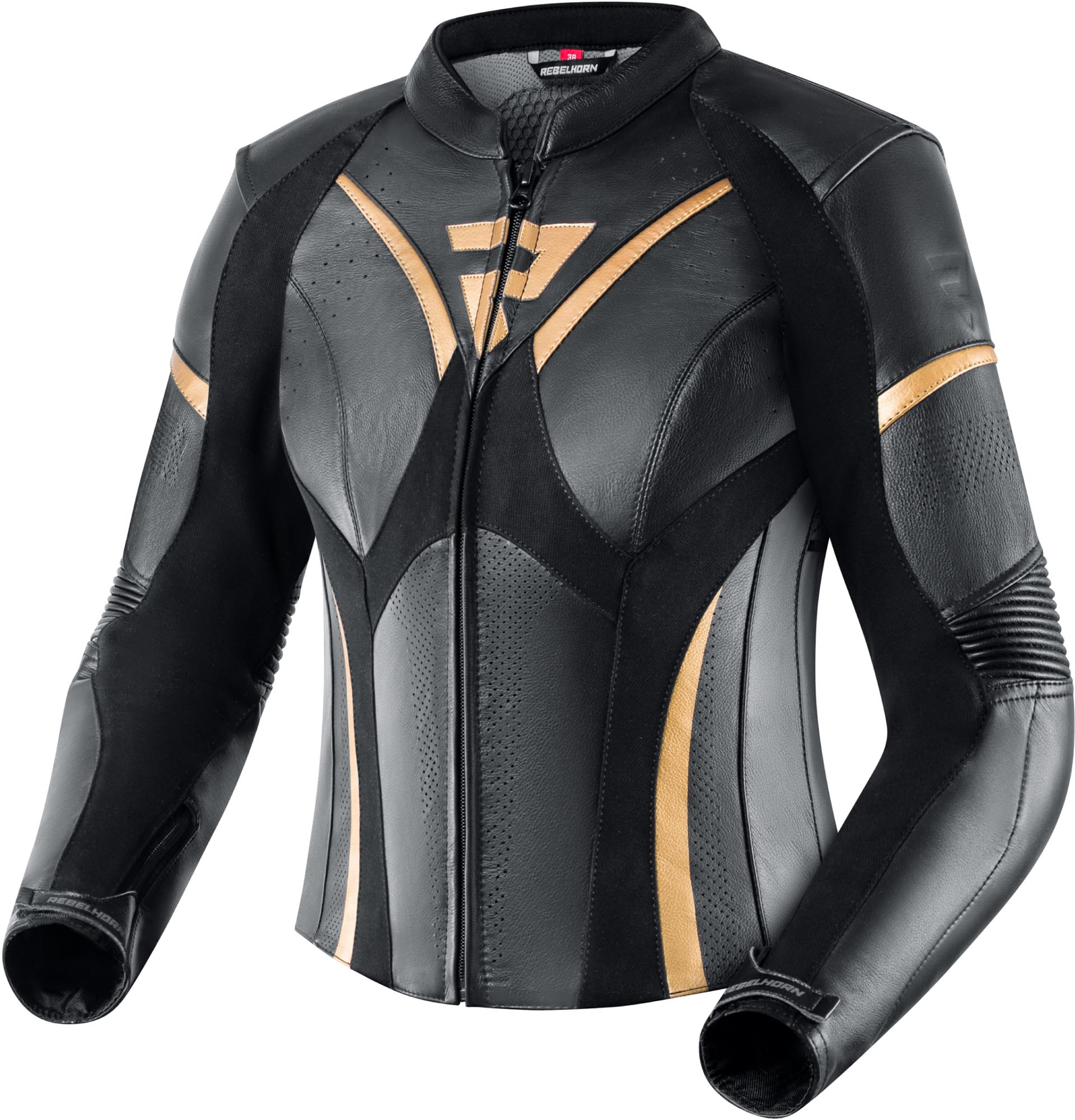 Rebelhorn Rebel Veste en cuir moto pour femmes, noir-or, taille 36