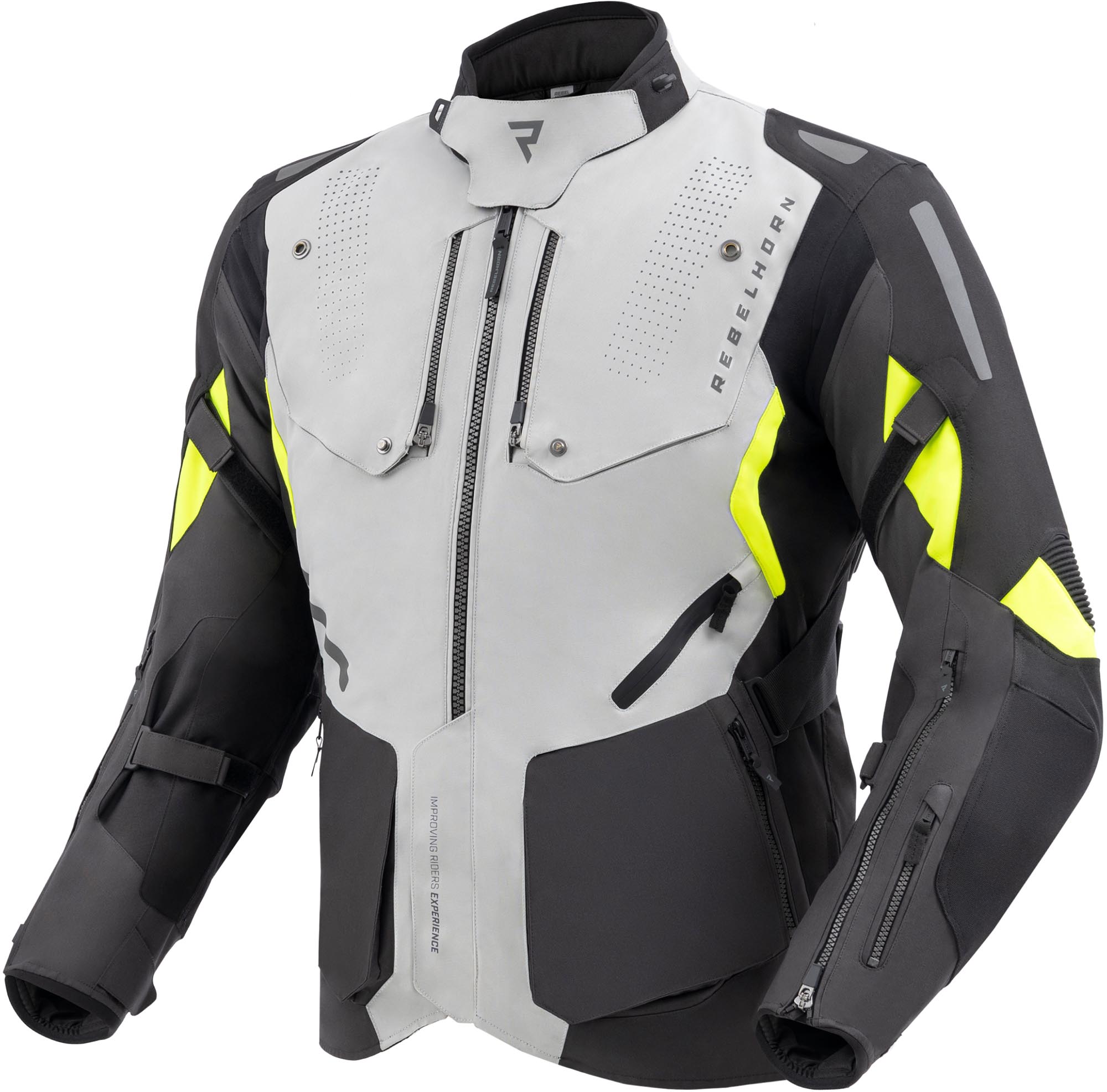 Rebelhorn Hiker 4 Waterproof Motorcycle Textile Jacket, Black-Grey-Yellow, Size L For Men