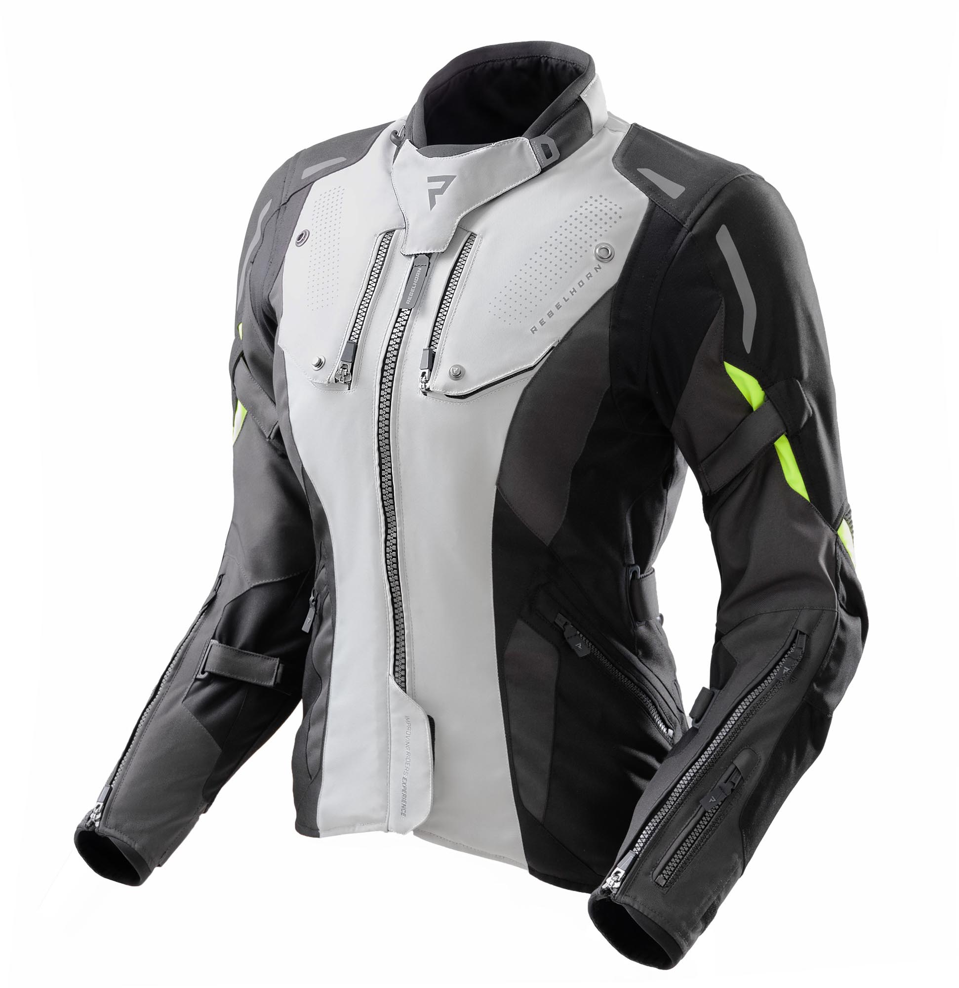 Rebelhorn Hiker 4 Waterproof Ladies Motorcycle Textile Jacket, Black-Grey-Yellow, Size S For Women