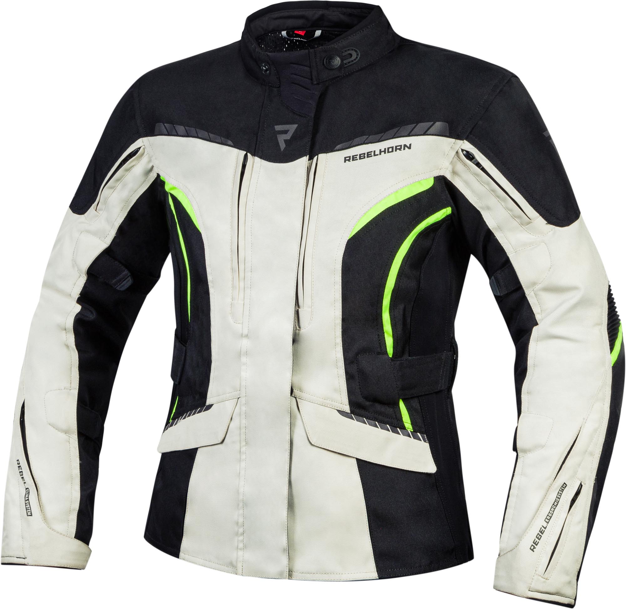 Rebelhorn Hiker III Veste textile moto pour dames, noir-gris-jaune, taille 2XS pour Femmes