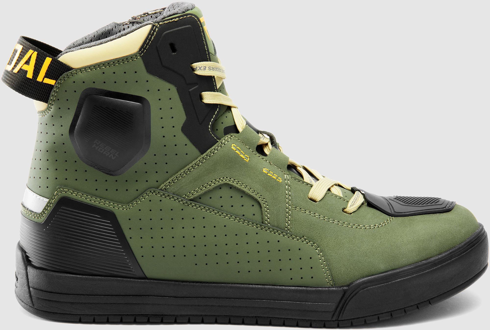 Side view of Rebelhorn Vandal 2 Motorcycle Shoes, green-orange, Size 47 for Men