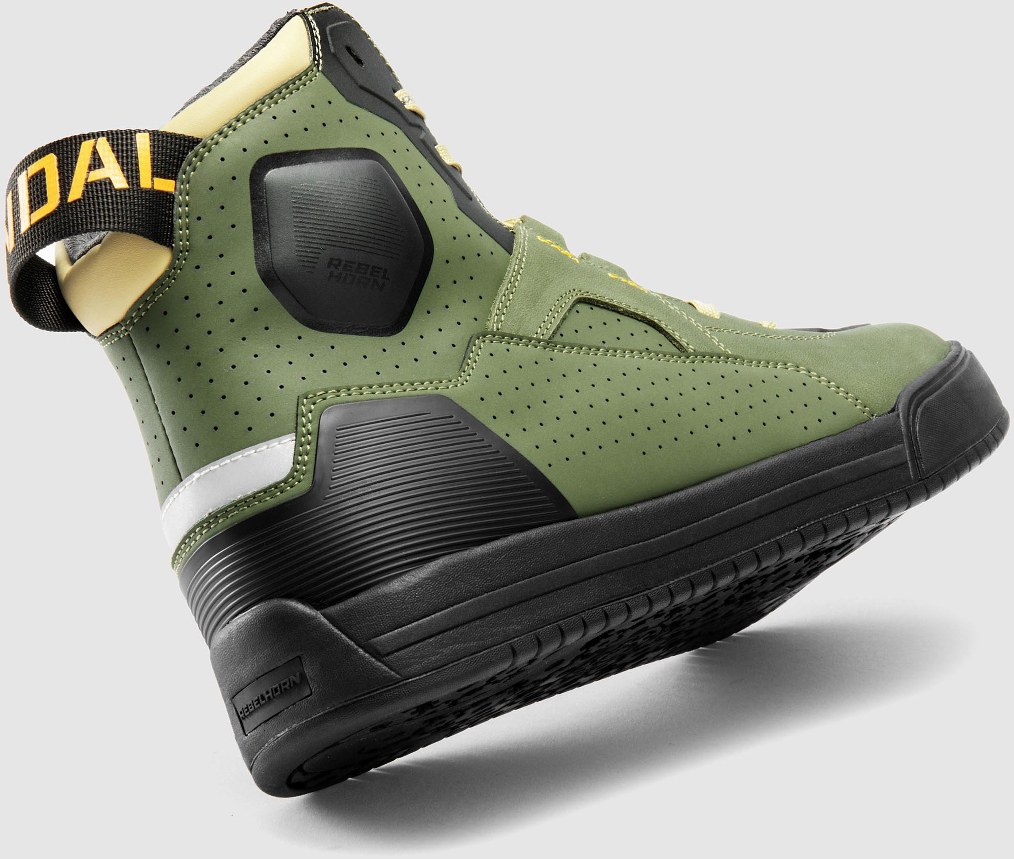 Side view of Rebelhorn Vandal 2 Motorcycle Shoes, green-orange, Size 47 for Men