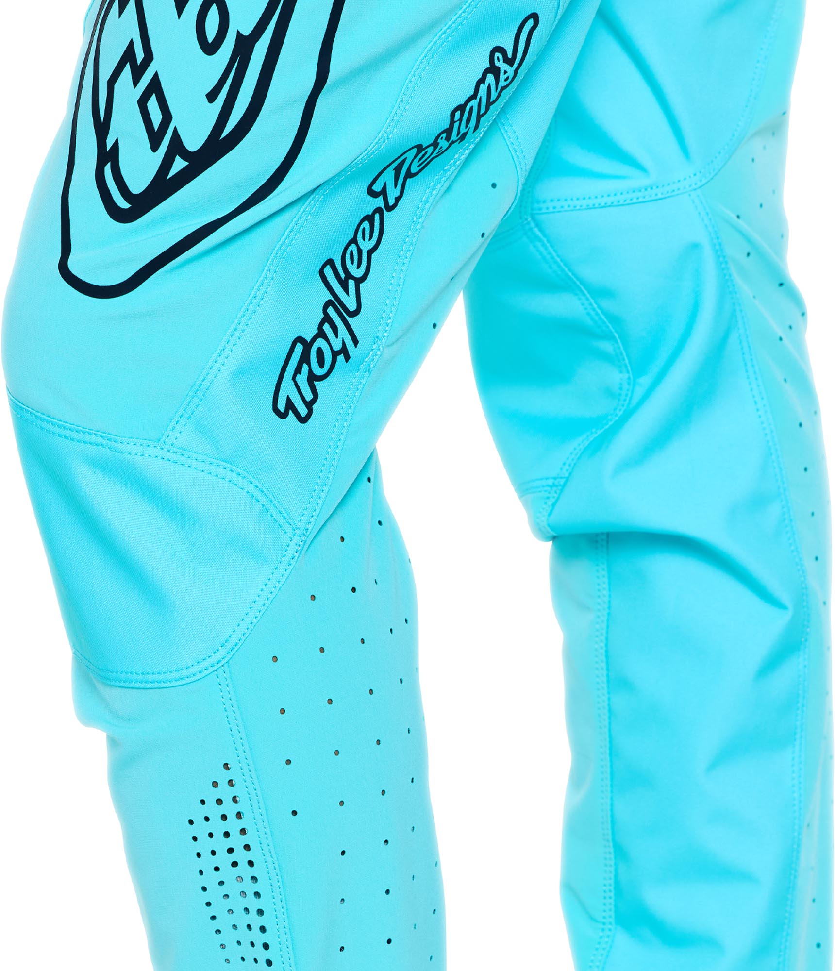 Side view of Troy Lee Designs Sprint Pro Mono Bicycle Pants, turquoise, Size 30 for Men
