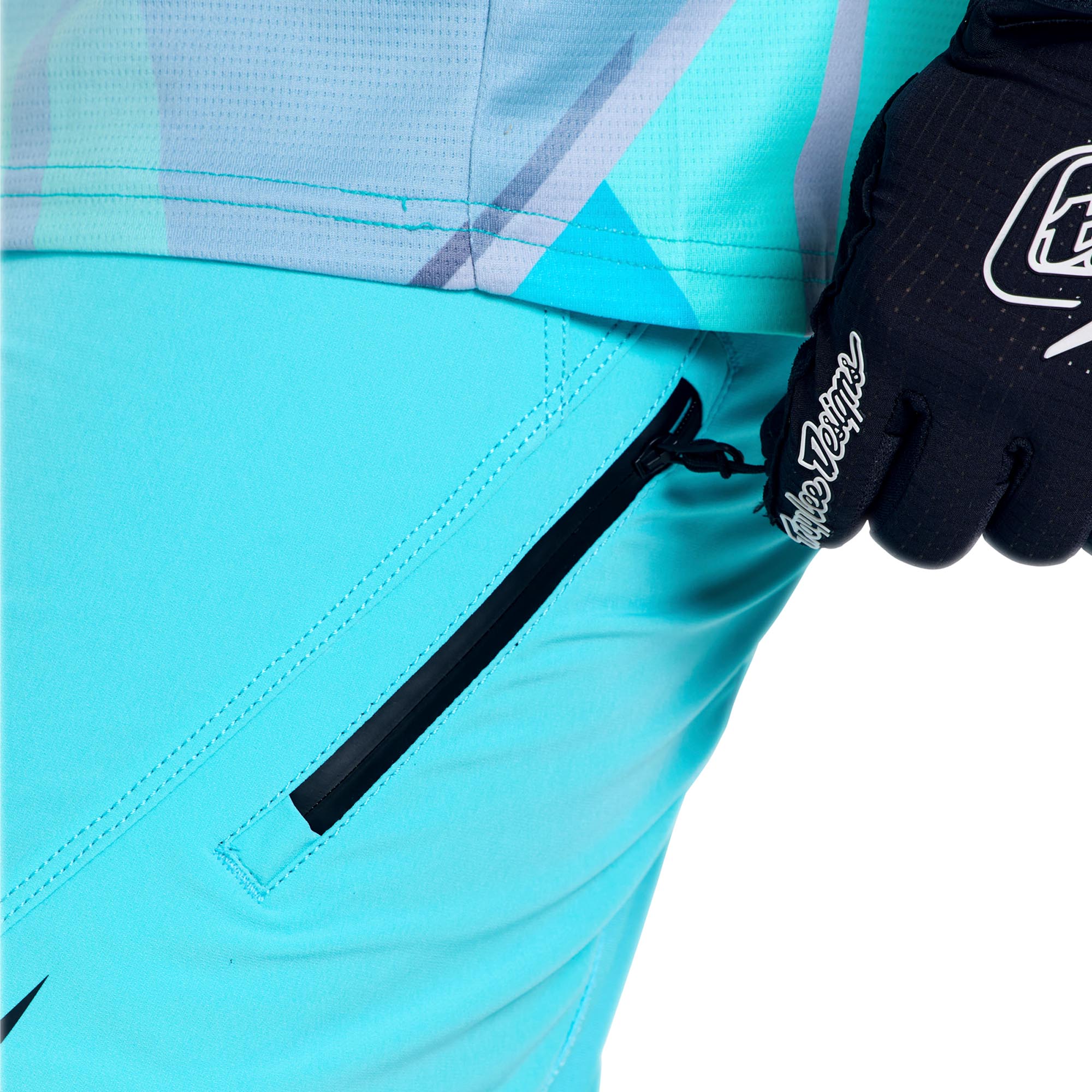 Side view of Troy Lee Designs Sprint Pro Mono Bicycle Pants, turquoise, Size 30 for Men