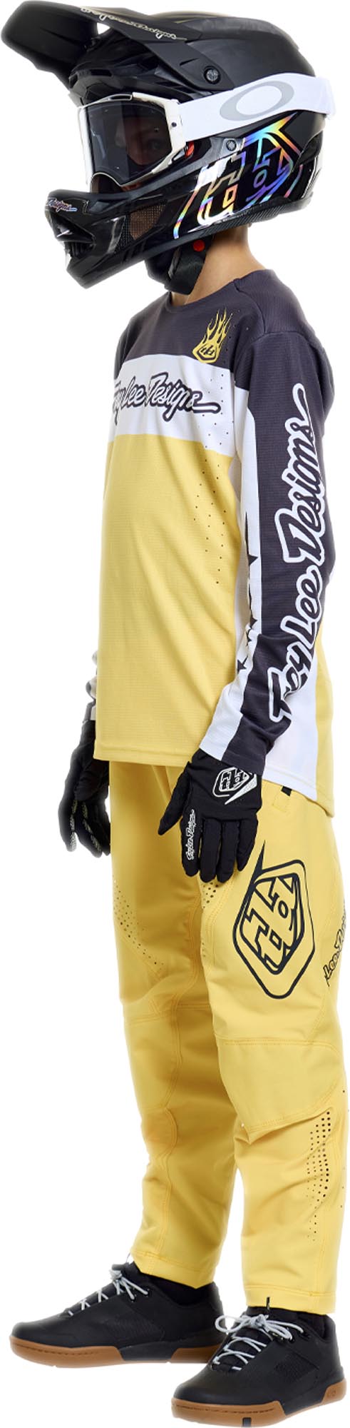Side view of Troy Lee Designs Sprint Pro Mono Youth Bicycle Pants, yellow, Size 26