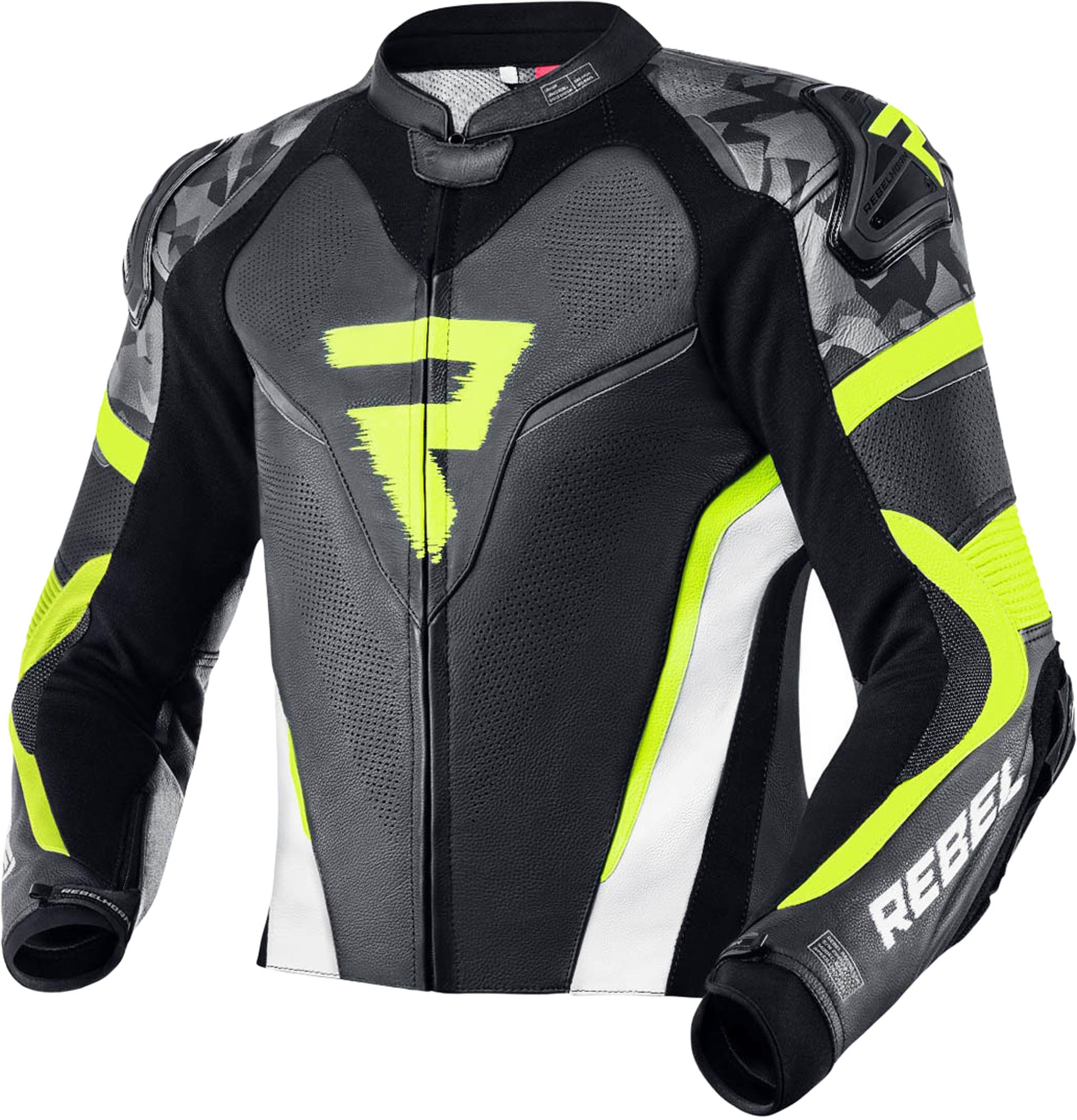 Rebelhorn Rebel Veste en cuir moto, noir-blanc-jaune, taille 46 pour Hommes